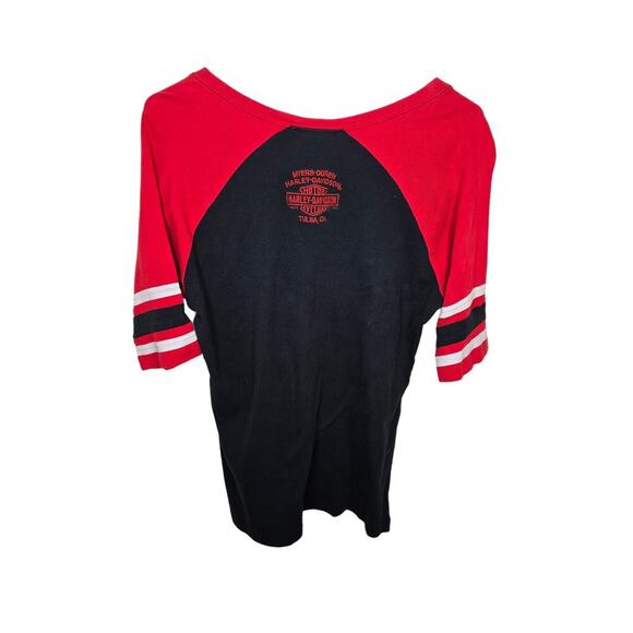 Harley Davidson 3/4 Sleeve Red and Black Scoop Neck Jersey Womens XL Tulsa Y2K - Picture 2 of 4